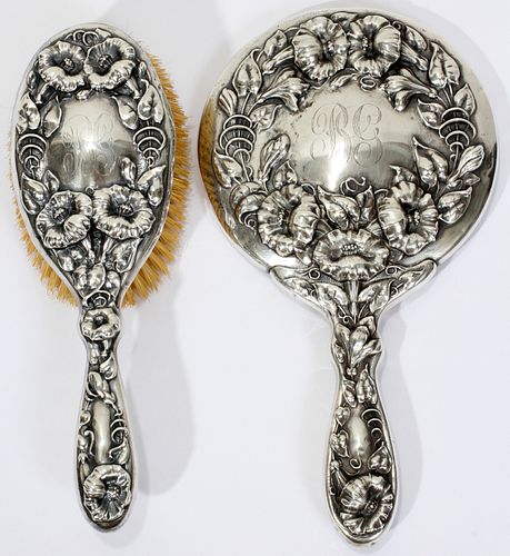 Art Nouveau "Morning Glory" Sterling Hand Mirror & Hairbrush 1900, L 9" & 10"