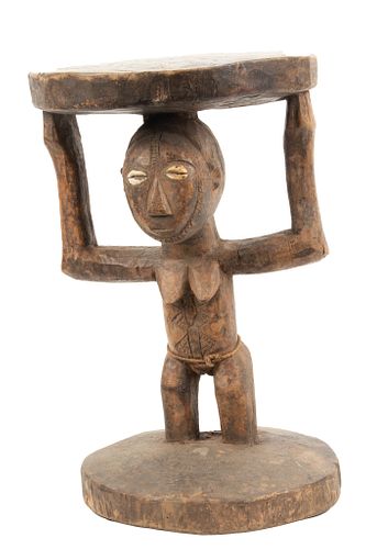 African Tawa Tanzania Carved Wood Stool With Standing Male Support,  H 15.75", Dia 9.5"