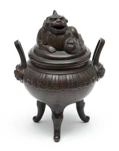 Chinese Bronze Censer , Foo Lion Finial Ca. 19th.c., H 7" W 5"