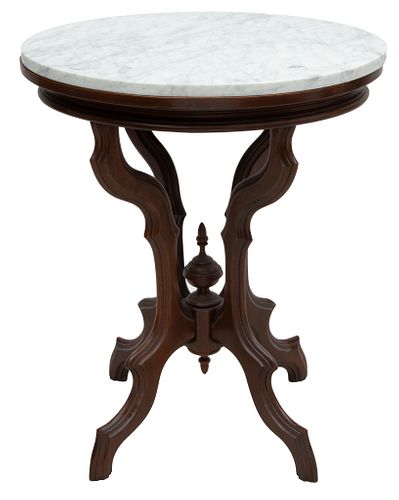 Victorian Carved Walnut Lamp Table, Marble Top, Ca. 19th C., H 29" W 23" Depth 18"