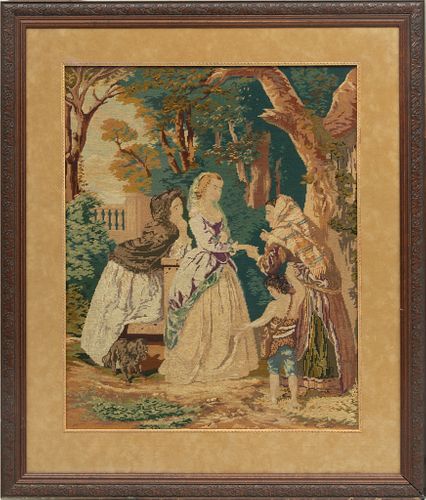 Framed Needlepoint Ca. 1900, Four Figures In Garden., H 28" W 22"