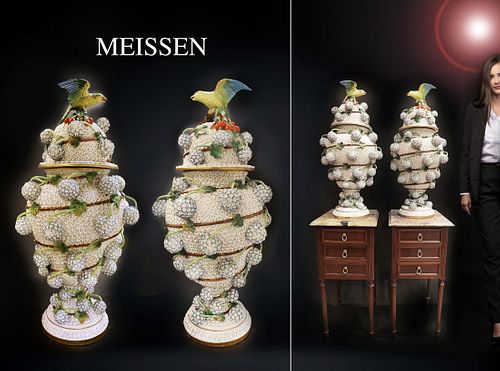 A Pair Of 19th Century Monumental Meissen Snowball Lidded Vases