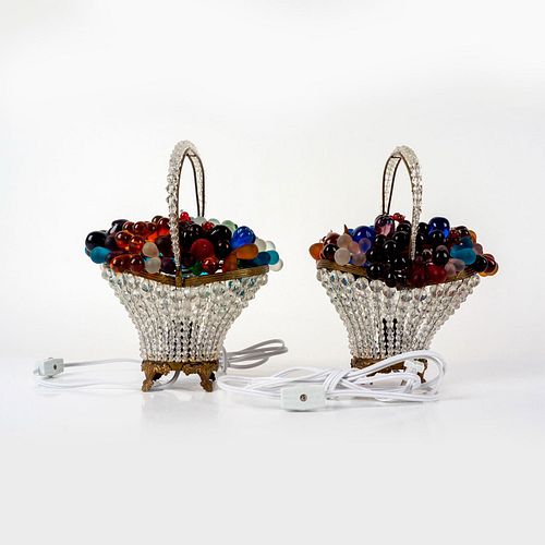 2pc Vintage Czech Art Glass Fruit Basket Table Lamps