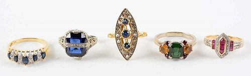 Lot Of 5: Assorted 14K and 18K Rings w/ Gemstones.