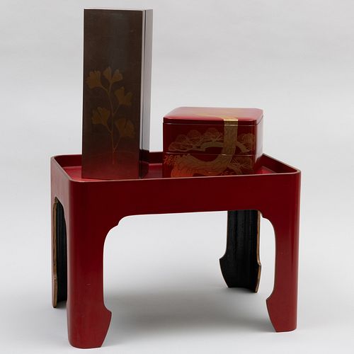 Two Japanese Lacquer Boxes and Red Low Table