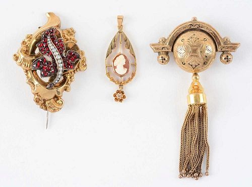 Lot Of 3: Two 14K Gold Pins & One 14K Gold Pendant.