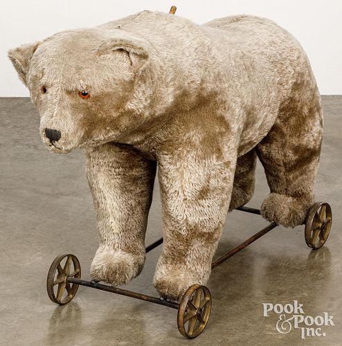 Large Steiff mohair bear ride-on pull toy