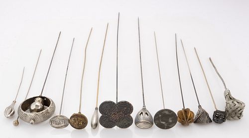 ANTIQUE / VINTAGE STERLING SILVER AND OTHER METAL HATPINS, LOT OF 13