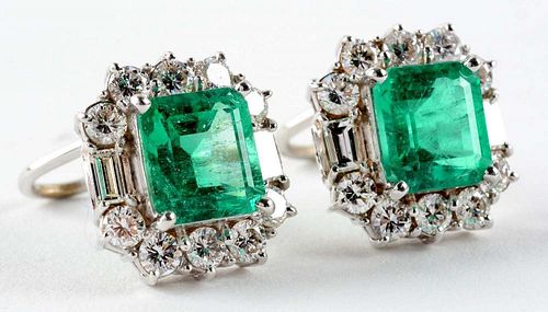 Pair of 14K White Gold Emerald & Diamond Earrings.