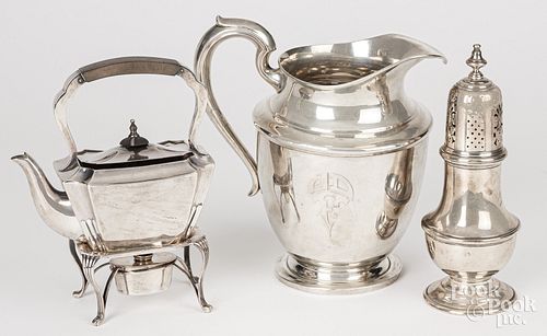 Sterling silver pitcher, teapot on stand, etc.