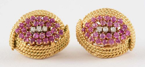 Pair of 18K Yellow Gold Earrings with Diamonds & Rubies.