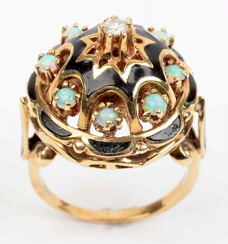 14K Ring with Opals and Diamond.