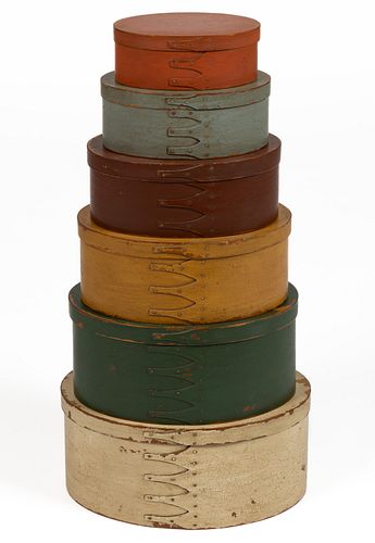REPRODUCTION SHAKER PAINTED BENTWOOD BOXES, GRADUATED SET OF SIX