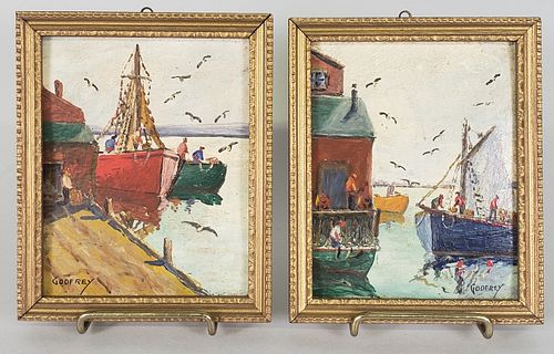 Pair of Vintage Godfrey Miniature Oil on Board Harbor Wharf Paintings, 20th century