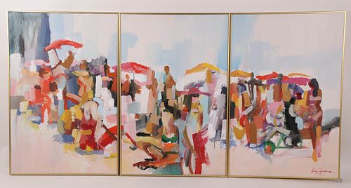 Kerry Hallam Triptych Oil on Canvas "Beach Scene"