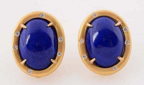 Pair of 18K Yellow Gold Lapis Lazuli & Diamond Earrings.