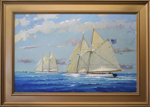 William Lowe Oil on Linen "Sailing Back to Nantucket Harbor"