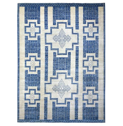 Blue and White Hand Knotted Wool Fine Peshawar Oriental Carpet