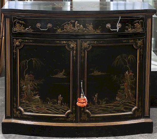 A Black Lacquer Cabinet, Height 35 x width 42 x depth 19 1/2 inches.