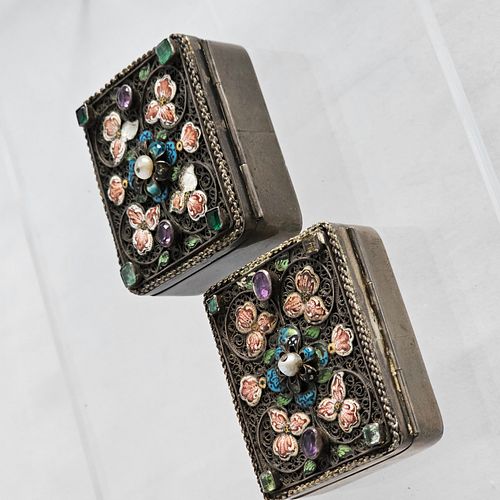 Austrian Style Metal Enamel Boxes with Flowers and Stones