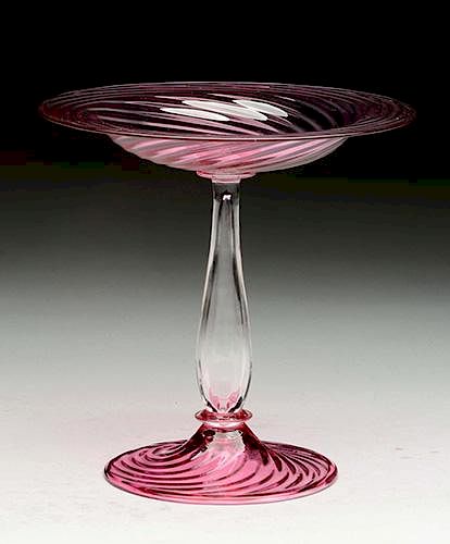 Steuben Compote Pink Swirl Clear Stem.