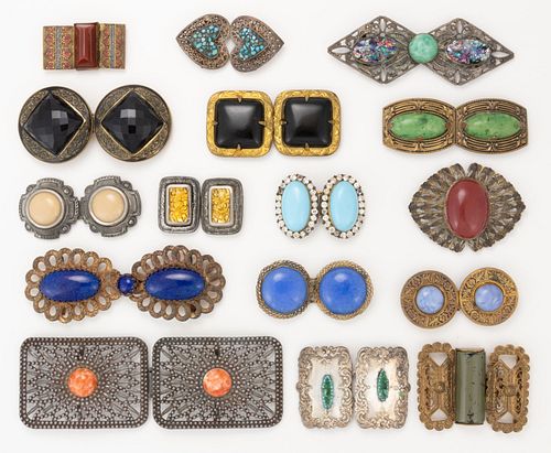 ANTIQUE / VINTAGE RHINESTONE AND OTHER METAL BELT OR DRESS BUCKLES, LOT OF 16