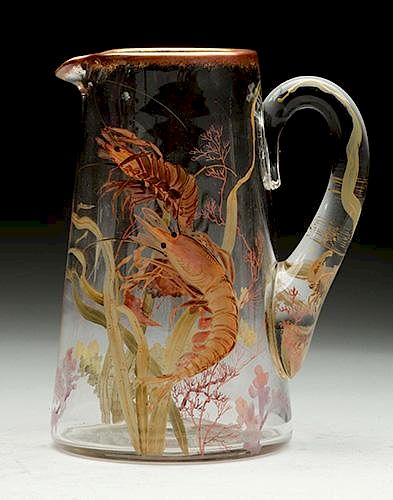 Hand Painted Glass Pitcher W/ Lobster & Crab.