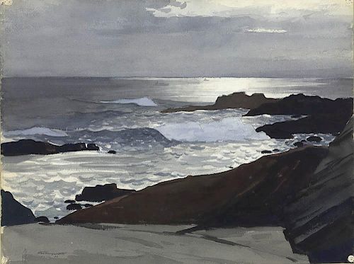 Original Wengenroth Watercolor - New England seascape, sand and rocks, c.1960.