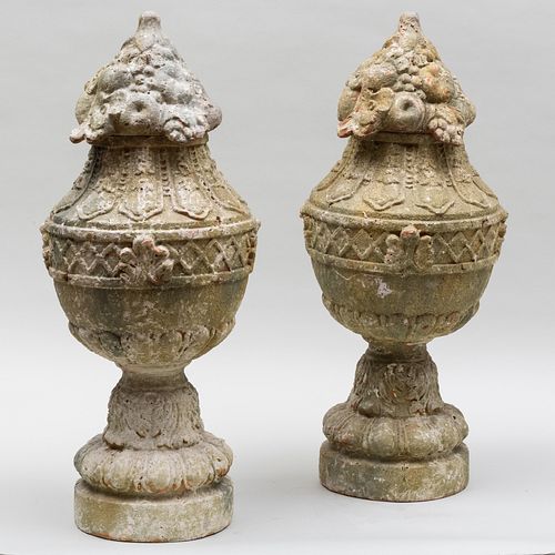 Pair of Painted Terracotta Urn and Finials