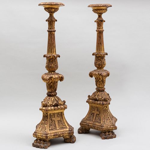 Pair of Continental Baroque Style Giltwood Altar Pricket Sticks, Probably Italian