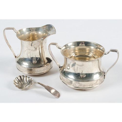 Sterling Creamer, Sugar and Shell Spoon
