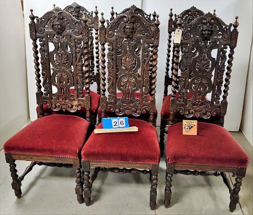 SET 6 c1900 ENGLISH OAK HEAVILY CARVED BARLEY TWIST DINING CHAIRS 50 3/4"H