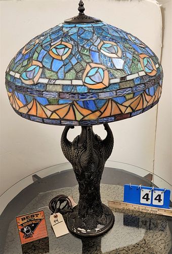PEACOCK TABLE LAMP W/ LEADED SHADE 30"