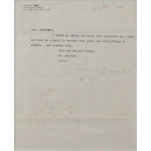 A Typed Letter From John Lennon On Personal Stationary With Handwritten Signature and Drawing