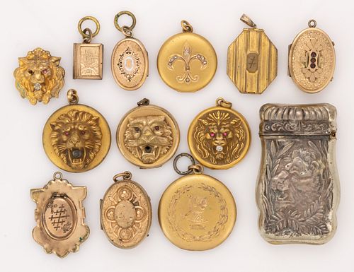 ANTIQUE / VINTAGE GOLD-FILLED / -TONED JEWELRY AND SILVER-PLATED MATCH CASE, LOT OF 13