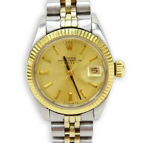 Lady's Vintage Rolex Oyster Perpetual Date Stainless Steel and 14 Karat Yellow Gold Bracelet Watch
