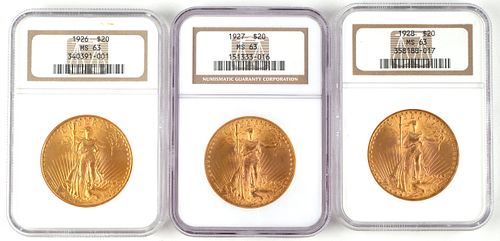 1926 1927 1928 US $20 Gold Coins, NGC MS63