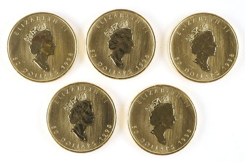 (5) GOLD 1 oz Canada Maple Leaf Coins 1998