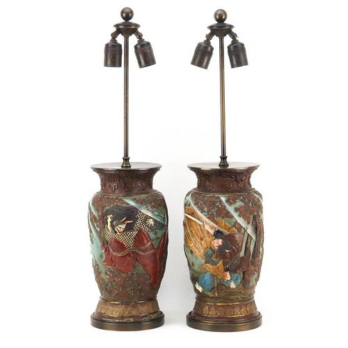 Pair of Antique Japanese High Relief Pottery Vases Mounted as Lamps