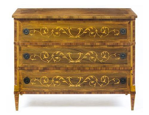 A Continental Marquetry Commode, Height 32 x width 42 x depth 18 1/2 inches.