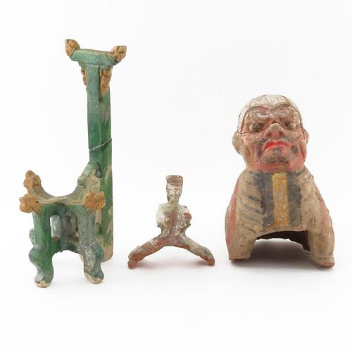 Large Chinese Ming Dynasty (1368-1644) Polychrome Pottery Tomb Figure along With a Smaller "Straddling" Figure and a Partial 