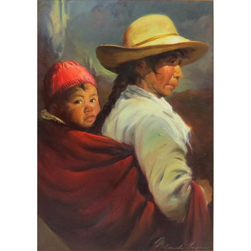 Morando Luque, Argentinean (b. 1915) Oil on Canvas "Mother and Child"