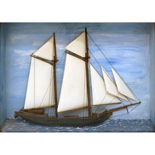 Vintage Ralph Lauren Wood Carved Half Hull Sailing Ship Model in Shadowbox Frame