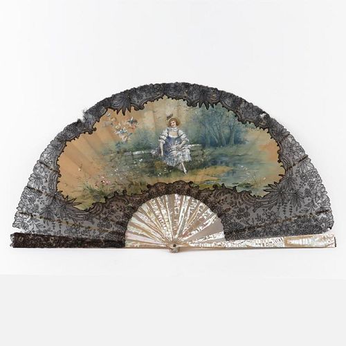Antique Hand Painted Paper, Lace and other Of Pearl Ladies Fan