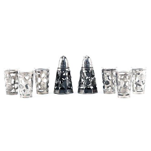 Six (6) Mexican Sterling Silver and Glass Cordials and a Pair of Mexican Sterling Silver and Glass Salt and Pepper Shakers