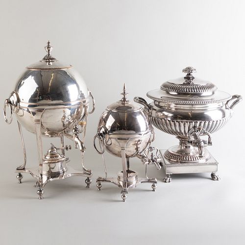 Group of Three English Silver Plate Hot Water Urns and Covers