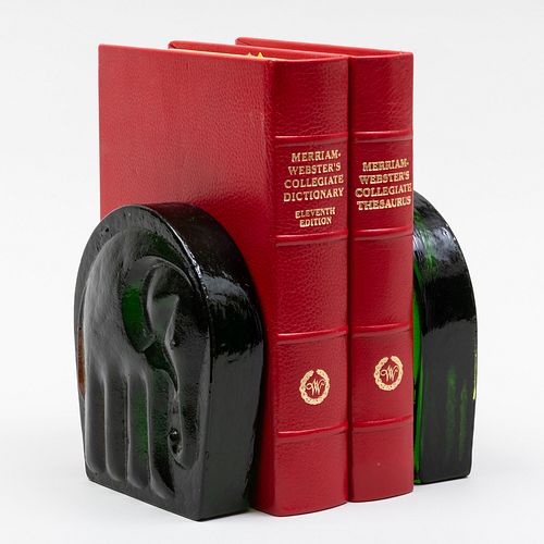 Webster's Thesaurus and Dictionary Set and a Pair of Molded Green Glass Elephant Bookends
