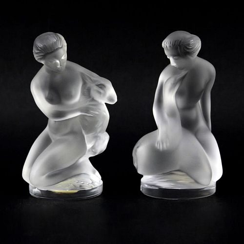 Two (2) Small Lalique Crystal Figures "Girl With Goat and Girl With Swan"