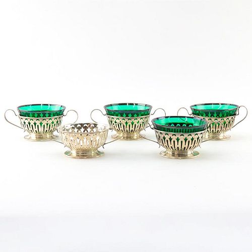 Five (5) Watson Sterling Silver Reticulated Boullion Cup Sleeves, Four with Green Glass Inserts