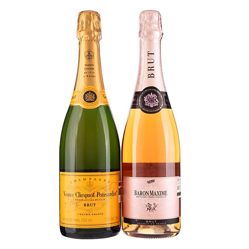 Lote de Champagne y Vino Espumoso. Baron Maxime. Veuve Clicquot Ponsardin. En presentaciones de 750 ml. Total de piezas: 2.